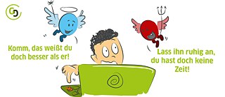 Engelchen und Teufelchen über der Schulter eines Computer-Nutzers