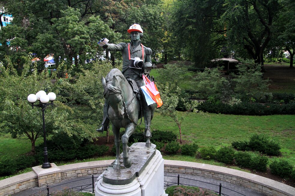 On October 1, 2011 artist Leon Reid IV installed a temporary public art work, “Tourist-In-Chief", in New York City’s Union Square. "Tourist-In-Chief"