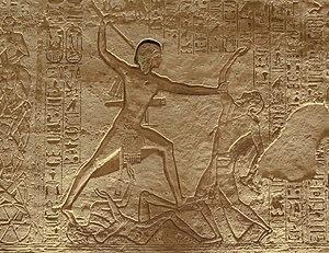 Relief carving from Abu Simbel. Rameses II fighting Libyans. 13th Century BCE. Aswan Governate, Egypt.