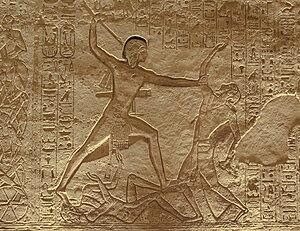 Relief carving from Abu Simbel. Rameses II fighting Libyans. 13th Century BCE. Aswan Governate, Egypt.
