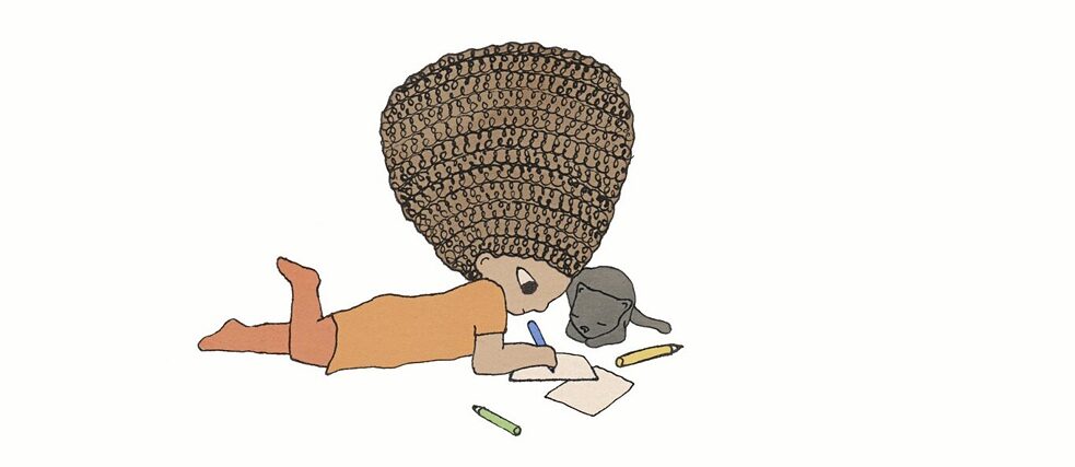 Illustration of a girl with an Afro that is lying on the ground next to a cat and is painting in a book.