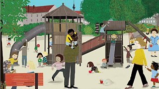 Illustration aus dem Buch Nelly und die Berlinchen: Kinder und Eltern spielen auf einem Spielplatz