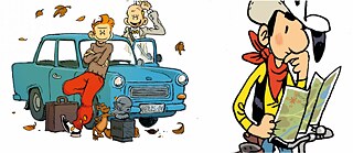 Spirou, Fantasio et Spip avec un Trabbi et une buste de Lénine. Lucky Luke avec un vélo consultant une carte