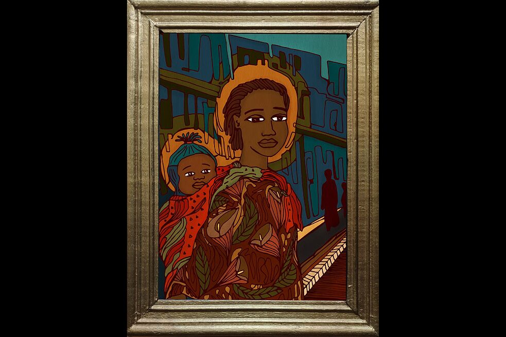 Ein Gemälde von Mary und ihrem kleinen Baby.
