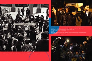 LEFT: Mallory Nezam, Damon Davis, and De Nichols. “Mirror Casket” in protest, 2014. RIGHT TOP: De Nichols, Marcis Curtis, Damon Davis, Sophie Lipman, Mallory Nezam, Derek Laney, and Elizabeth Vega Mirror Casket, performative funeral procession in Ferguson, Missouri, 2014 ; RIGHT BOTTOM: “Mirror Casket” in protest at Ferguson Police Department in first public appearance, 2014. 