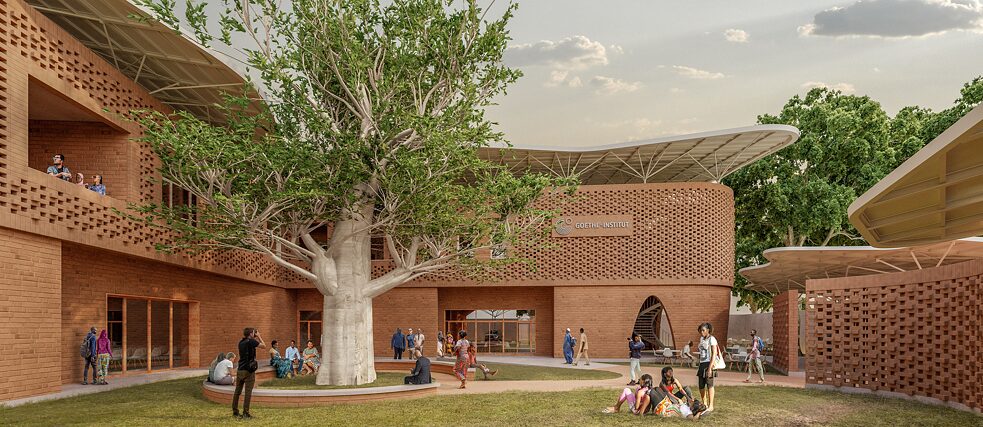 3-D render of the new Goethe-Institut in Dakar. External view: Inner courtyard with baobab tree. 