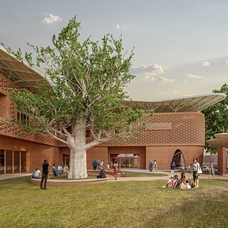 3-D render of the new Goethe-Institut in Dakar. External view: Inner courtyard with baobab tree. 