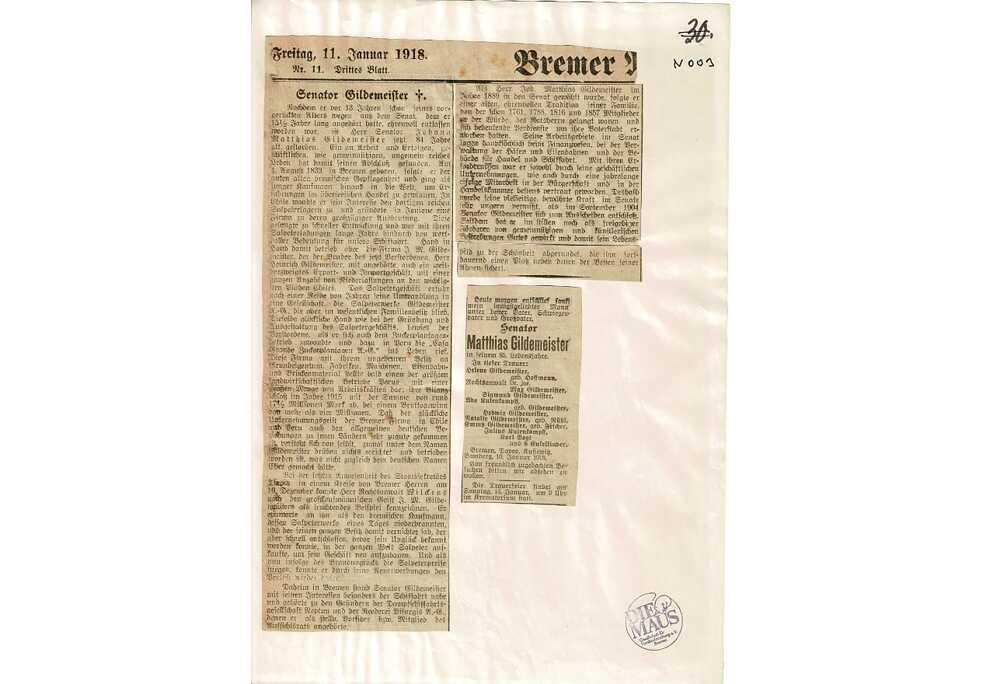 Obituary from the Bremer Tageblatt dated 1918, in which the Gildemeisters’ commercial activities in Peru and Chile are mentioned. 