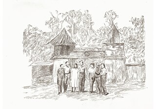 Drawing, inspired by a photo of the Böttger family on their estate in Yanachaga in the Huancabamba region, Central Peru. The original photo showed Pablo Böttger Treu, his wife Mina Nissen and their family. Photographer unknown. 