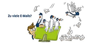 Mann hinter Bildschirm mit vielen Brieftauben