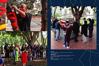 TOP LEFT: Reclaiming Yaanga Park, Los Angeles, 2020; BOTTOM LEFT: Unmonumenting and cleansing space with the removal of the statue to Junipero Serra, Los Angeles, 2020; RIGHT:  Reclaiming Yaanga Park, Los Angeles, 2020