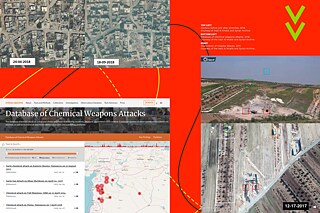 OBEN LINKS: Das Dorf Sardana vor und nach dem Luftangriff, 2018; UNTEN LINKS: Datenbank der Angriffe mit Chemiewaffen, 2018; RECHTS: Geolokalisierung von Angriffen auf Krankenhäuser, 2017