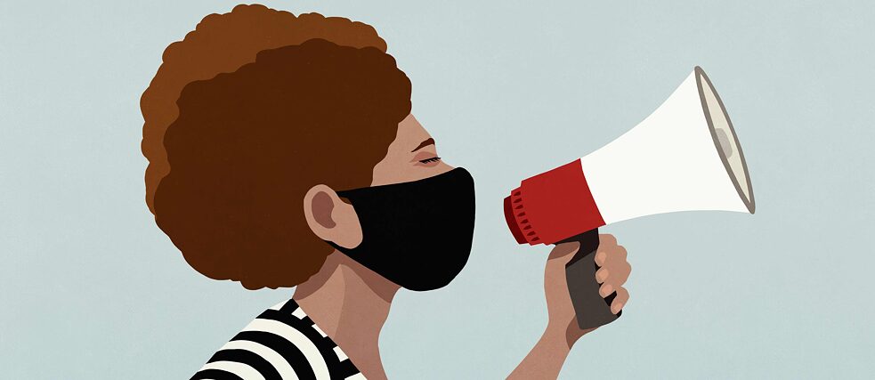 Illustration: Eine Frau mit Gesichtsmaske und Megaphon.
