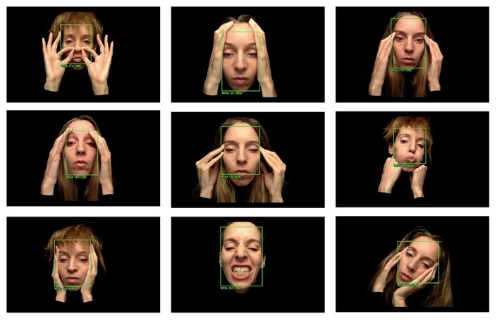 Collage of a woman's nine different facial expressions