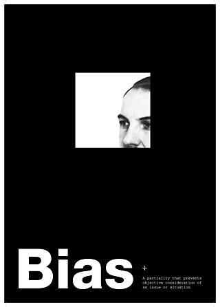 Zugeschnittene Nahaufnahme eines Männergesichts auf schwarzem Hintergrund mit Schriftzug Bias