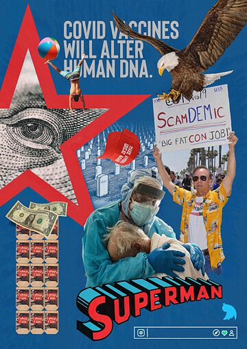 Collage: A doctor in protective clothing holding an old man, money, graveyards, a protester, an eagle, ...