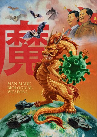 Collage: Ein Drache mit einem Coronavirus in den Vordertatzen steht auf einer Weltkugel voller Panzer.