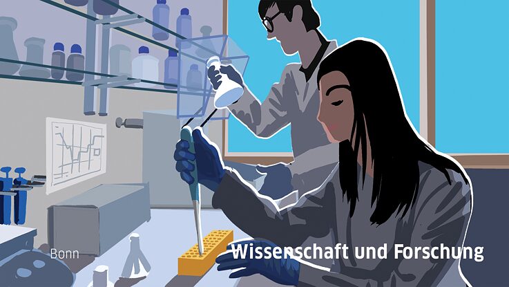 <b>Wissenschaft und Forschung:</b> Deutsch ist die zweitwichtigste Sprache der Wissenschaft. Deutschland steht mit seinem Beitrag zu Forschung und Entwicklung an dritter Stelle in der Welt und vergibt Forschungsstipendien an ausländische Wissenschaftler.