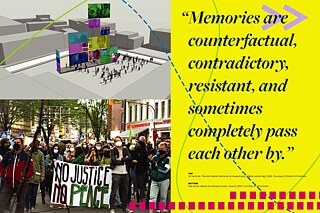 EN HAUT : Anti-Racist Memorial for Migration de la Keupstrasse (rendu digital), 2020; <br><br>EN BAS : Commémoration de l'attentat à la bombe à clous, 9 juin 2019. 