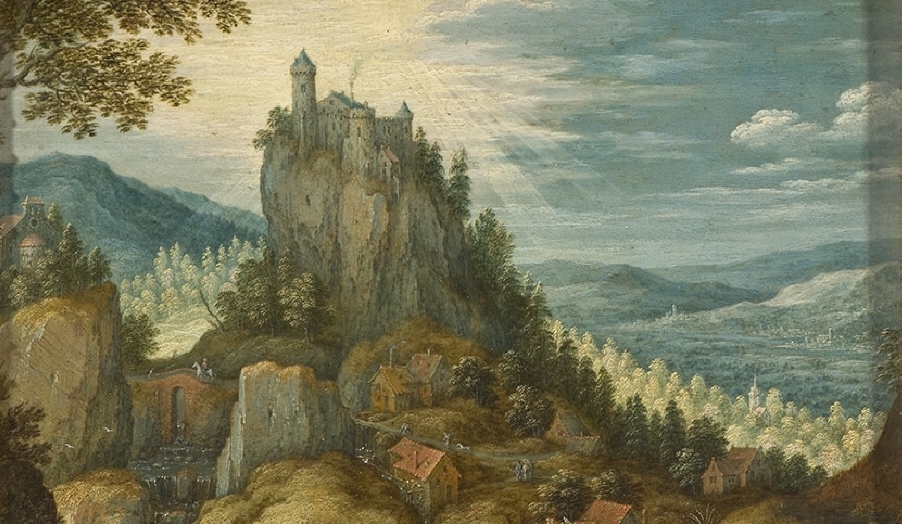 Landscape with castle surrounded by sun and clouds, Marten Rijckaert, Collection of the National museum in Sweden. NM 1708.