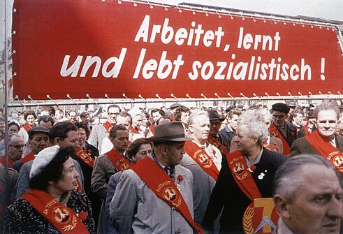 Work, learn and live like a Socialist: Activists attend a Labor Day march on May 1st 1960 in East Berlin. 