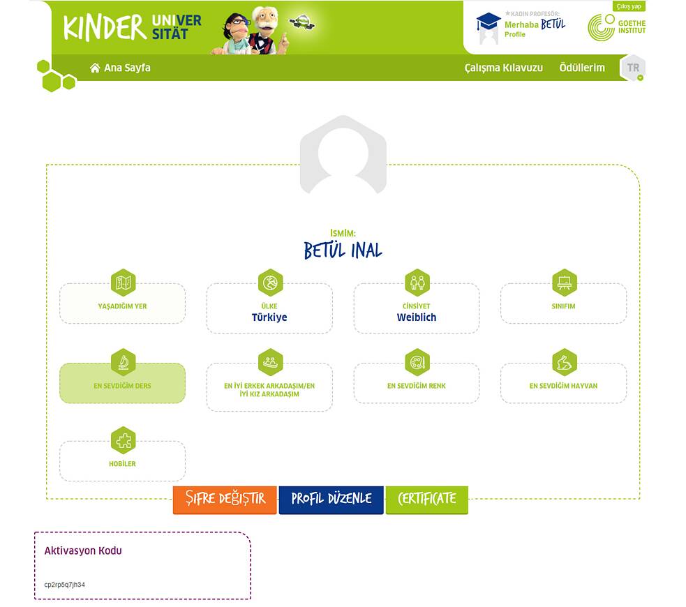 Profil mit Aktivierungscode