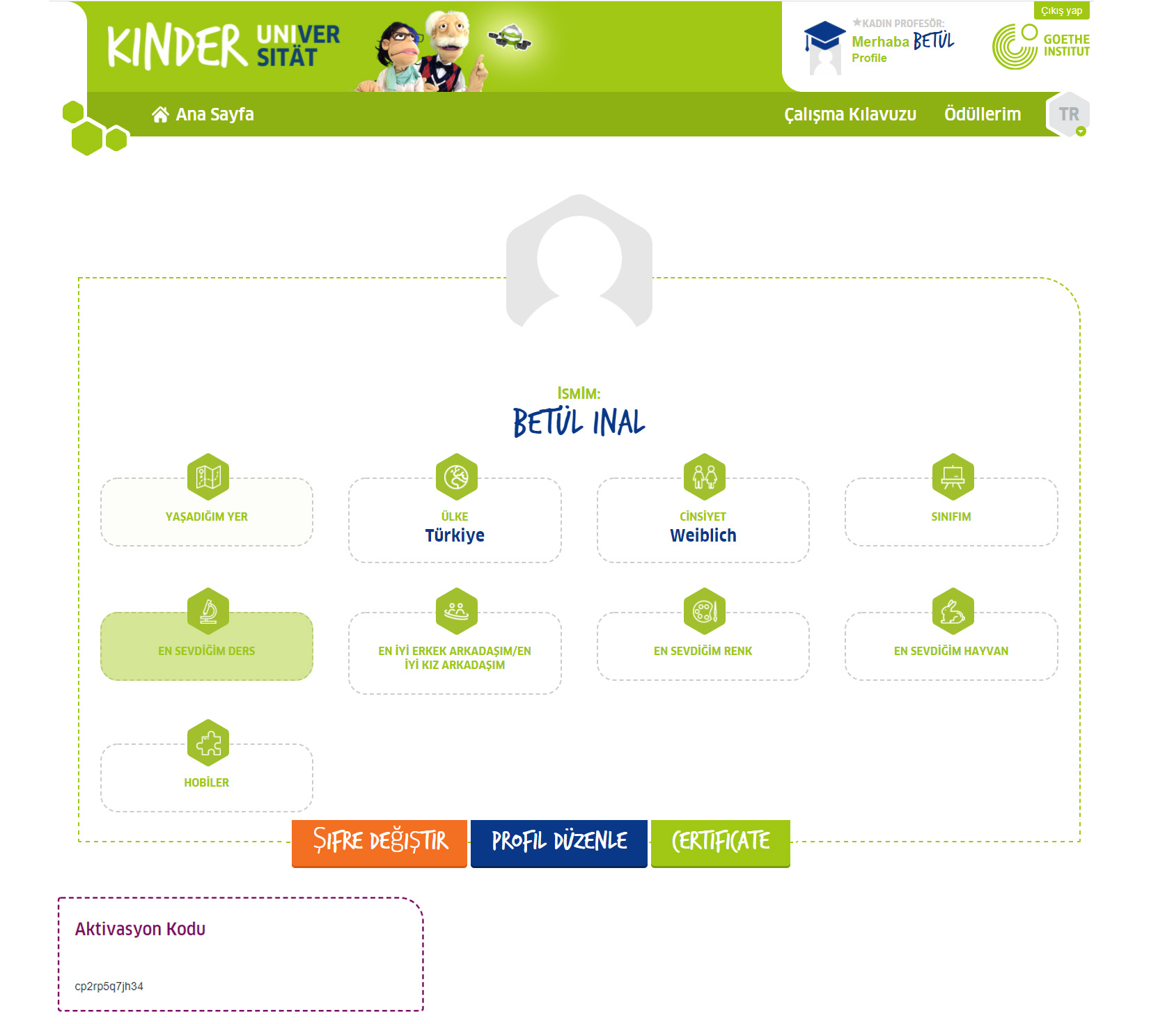 Profil mit Aktivierungscode