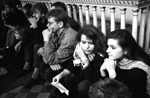 November 11, 1989. Young people gather in a church in Neubrandenburg for a protest and church service. 