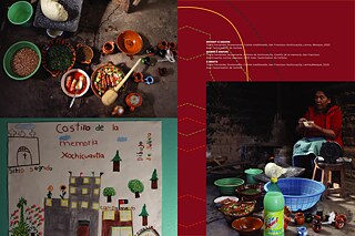 EN HAUT À GAUCHE : Thalia Fernández Bustamante. Cuisine traditionelle, San Francisco Xochicuautla, Lerma, Mexico, 2020; EN BAS À GAUCHE : Thalia Fernández Bustamante. Enfants de Xochicuautla, Castillo de la memoria, San Francisco Xochicuautla, Lerma, Mexico, 2020; À DROITE : Thalia Fernández Bustamante. Enfants de Xochicuautla, Castillo de la memoria, San Francisco Xochicuautla, Lerma, Mexico, 2020. 