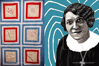 À GAUCHE : Communautés de Melissa Blount et Chicagoland, Black Women & Girls Witness Quilt, 2017; À DROITE : Mina Marroquin-Crow, Portrait de Maudelle Tanner Brown Bousfield (1855–1971), 2018. 
