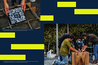 EN HAUT À GAUCHE : Le mélange de béton est soigneusement versé dans le moule et la plaque QR est placée. « The Dispersed Memorial », 2020 - en cours. ; EN BAS À DROITE : L'assemblage du mémorial prend 5 à 10 minutes, ne nécessite aucun outil spécial et requiert 2 adultes. « The Dispersed Memorial », 2020 - en cours. 