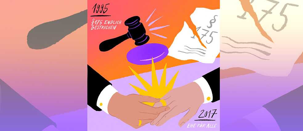 Illustration a gavel in front of torn paragraph, below two hands pulling wedding rings over their fingers.