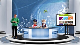 Christoph Biemann aus der „Sendung mit der Maus“, Sophie Schlau und Professor Einstein (v. l. n. r.) im Studio der Kinderuni.