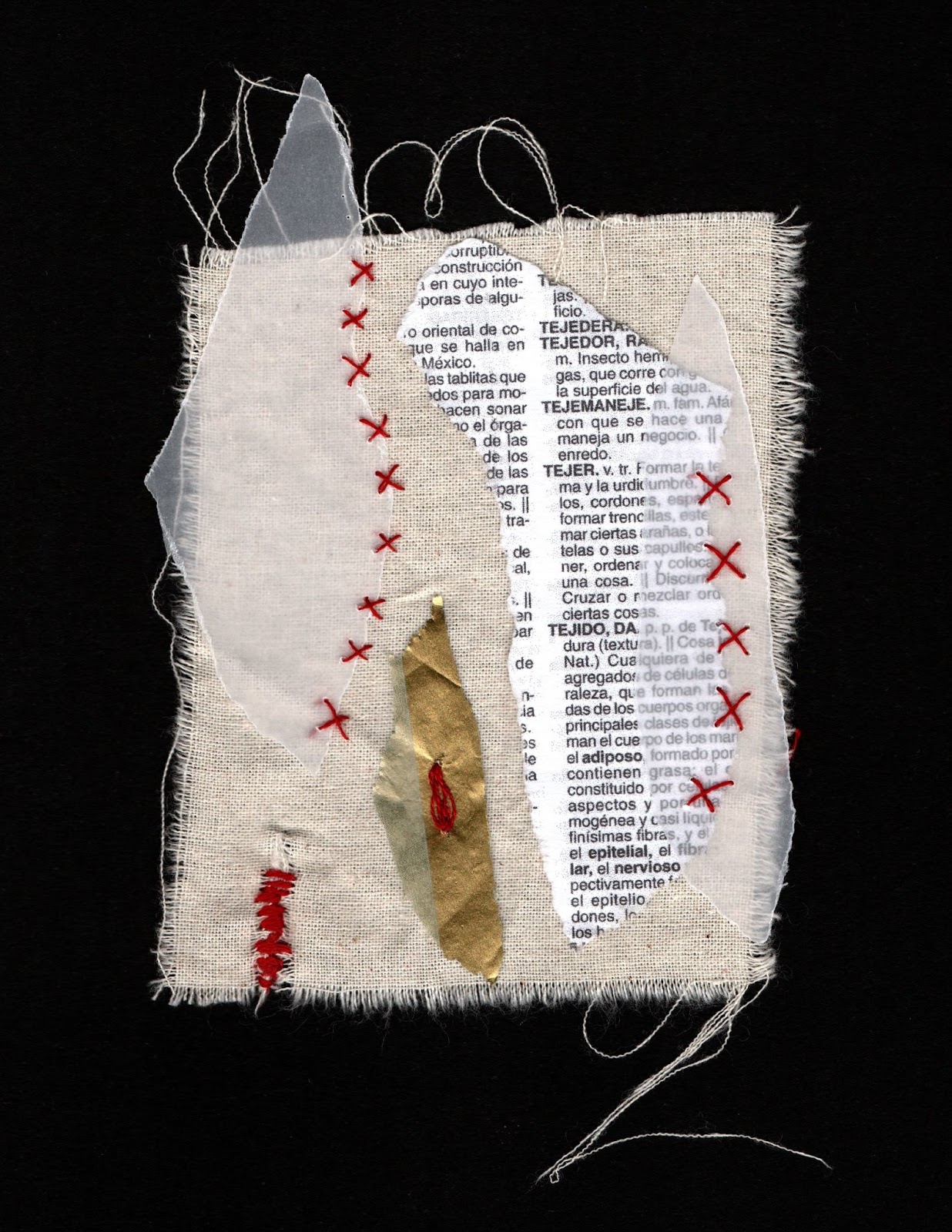 collage bordado, papel vegetal, papel seda, recortes, crea e hilos de algodón