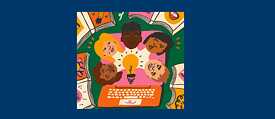 Five people in a circle with a lamp and a typewriter