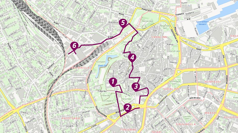 Stadtplan von Tallinn mit der Wegmarkierung der Audiotour Plan B