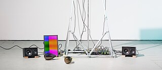 Robert Lippok, Objects and Bodies, 2020, sound modules, video synthesizer, cymbals, hand-blown resonators, loudspeakers