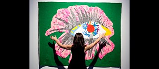 Chicks on Speed, Theremin Tapestry, 2010, wool interwoven with 3 conductive copper wires connected to theremin sensors, cabling, and programmed in MaxMSP to trigger randomised samples, 1.5 x 1.88 m 