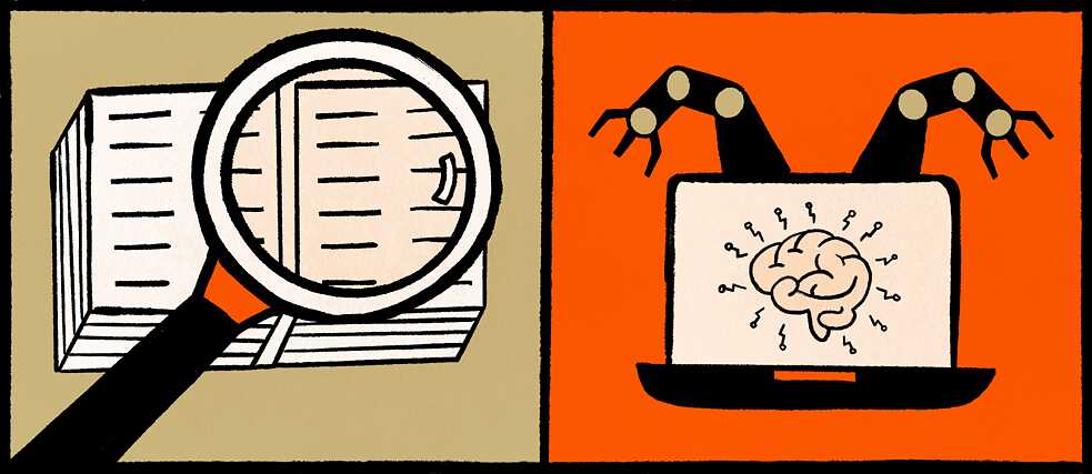 Illustration, to the left a magnifying glass, to the right a screen with a brain on it.