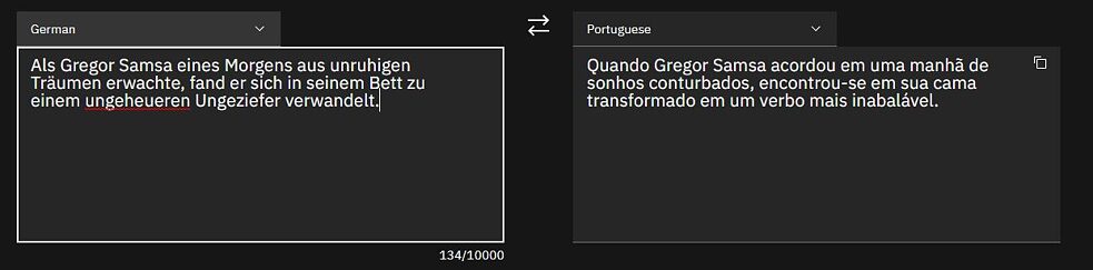 Proposta do IBM Watson Language Translator de "A Metamorfose", de Franz Kafka