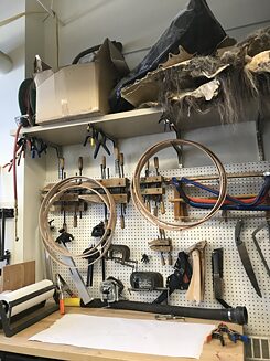 A work bench with Indigenous art tools in Fairbanks, Alaska.