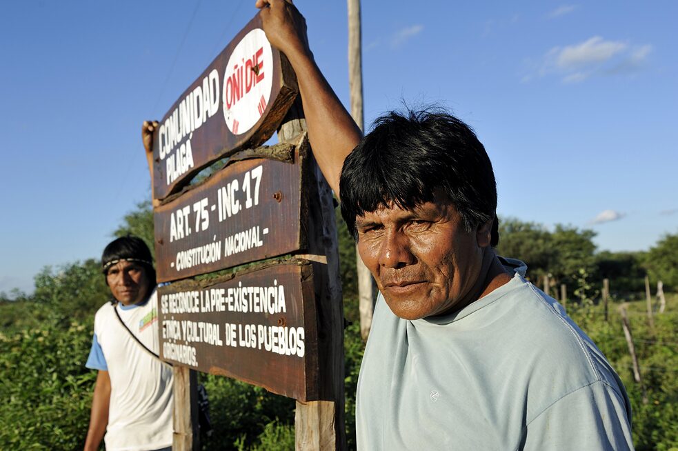 Racism – Indigenous people at the entrance to their village Onedi, Gran Chaco, Formosa Province, Argentina