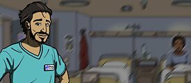 Un homme vêtu comme un infirmier se tient dans une chambre d'hôpital.
