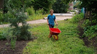 Ein Freiwilliger mit einer Schubkarre