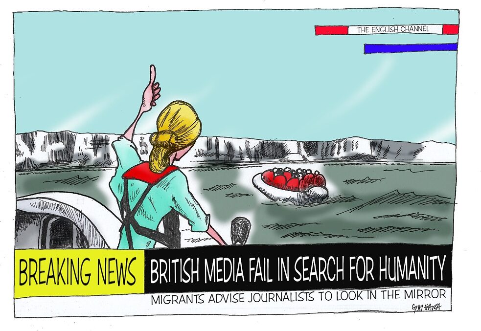 Latitude – Karikatur zum Thema: Entmenschlichende Berichterstattung britischer Medien