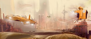 A futuristic scene showing a city with spaceships flying around.