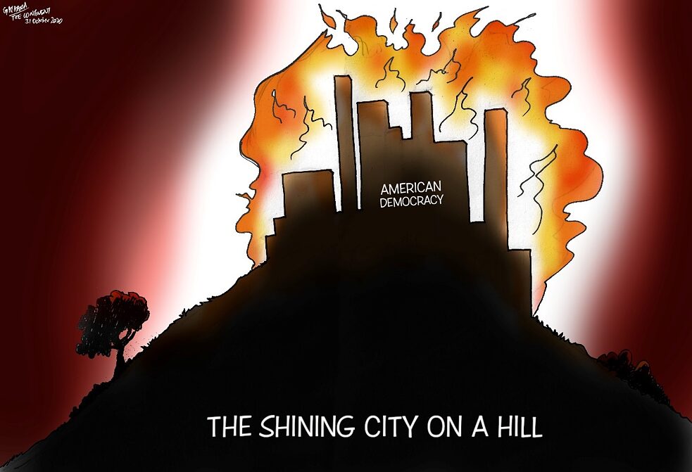 Latitude – Karikatur mit Text „The Shining City on a Hill“