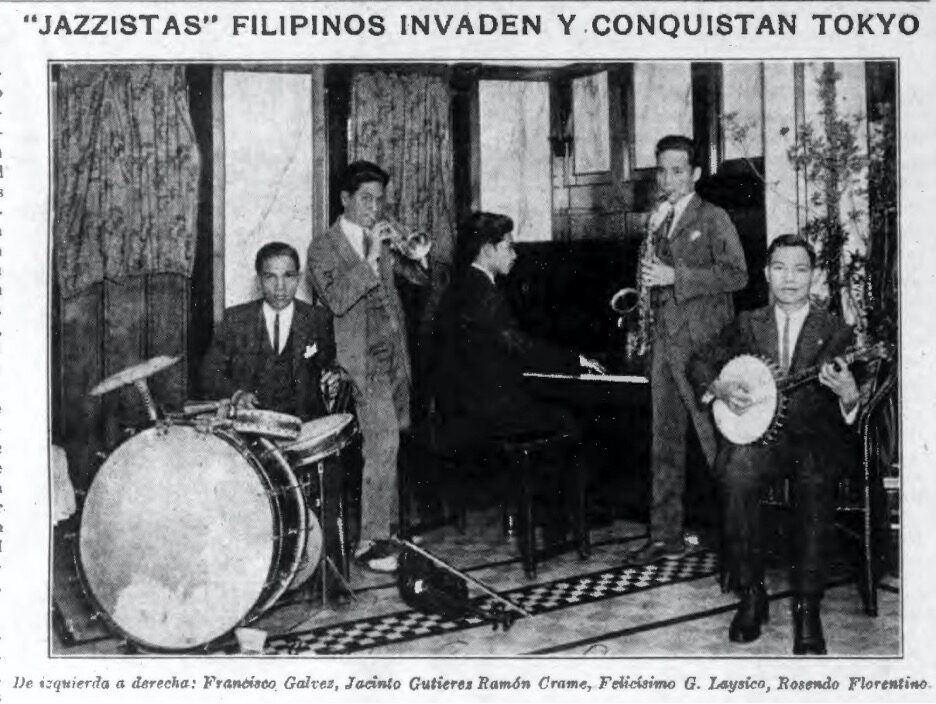An all-Filipino jazz band performs for dancers at the Imperial Hotel in Tokyo, 1924. Image courtesy of Fritz Schenker.