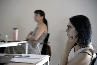 The picture shows two participants. Both are looking ahead intently and listening. The second participant in the background is blurred.