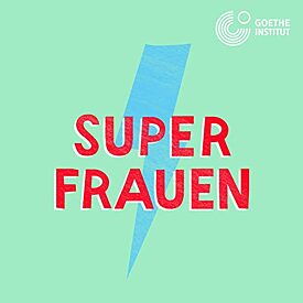 A light green square, a blue lightning bolt and above it in red color is written "Supfrauen". 